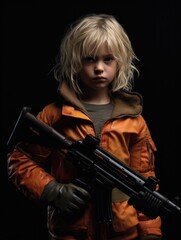 Fototapeta na wymiar little girl with flowers and with real weapons, no war but love, evil look. Lost childhood due to war and hostilities, defense army