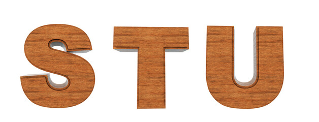 Wooden alphabet made in 3D render. Letters S, T, U,  with wooden texture in a box. White background with one-click removal.
