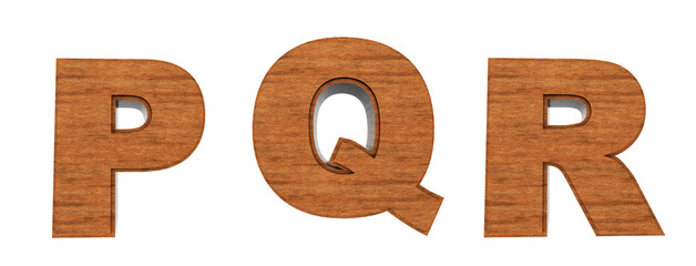 Wooden alphabet made in 3D render. Letters P, Q, R with wooden texture in a box. White background with one-click removal.