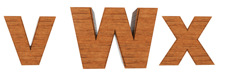 Wooden alphabet made in 3D render. Letters V, W, X, with wooden texture in a box. White background with one-click removal.