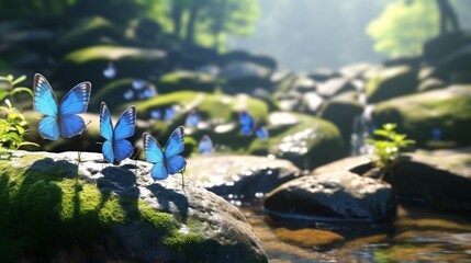 A group of Butterfly Bluets gathering on a sunlit rock by a flowing stream, basking in nature's...