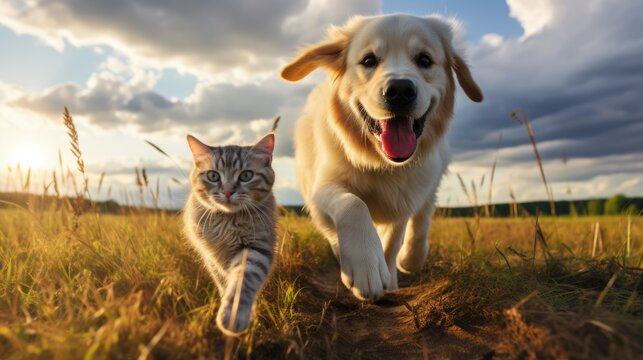 Dog and cat friends play walking outside on a meadow in the grass, friendly atmosphere, family love, peace, summer sunny day, great mood, joyful happy and smiling