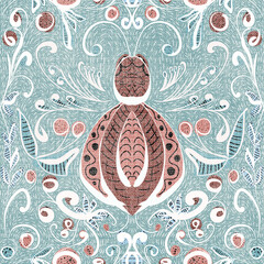 Seamless pattern, stylized red beetle, berries and flowers on a blue background. Digital illustration. Suitable for interior, wallpaper, fabrics, clothing, stationery.