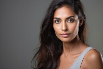 Naklejka premium Portrait of a beautiful young indian woman in eyeglasses over grey background.
