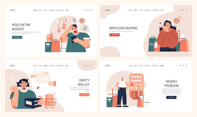 Fototapeta na wymiar Impulsive buying web banner or landing page set. Shopaholic money problems. Consumer doing useless purchases without thoughtful consideration or planning. Spontaneous buying. Flat vector illustration