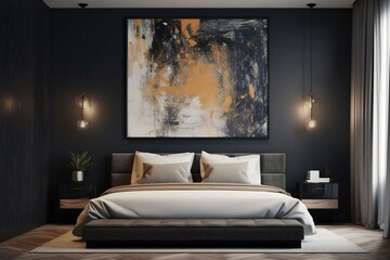 Modern artwork hangs in chic bedroom with huge bed. Generative AI