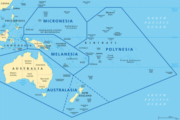 Subregions of Oceania, political map. Geoscheme with regions in the Pacific Ocean and next to Asia. Melanesia, Micronesia, Polynesia, and Australasia, short for Australia and New Zealand. Vector. - obrazy, fototapety, plakaty