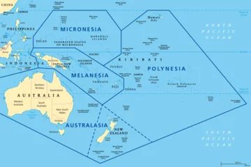 Foto op Aluminium Subregions of Oceania, political map. Geoscheme with regions in the Pacific Ocean and next to Asia. Melanesia, Micronesia, Polynesia, and Australasia, short for Australia and New Zealand. Vector. © Peter Hermes Furian