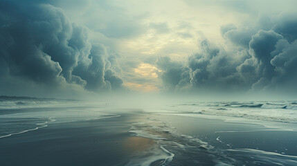 clouds over a beach in dusk light - 670134411