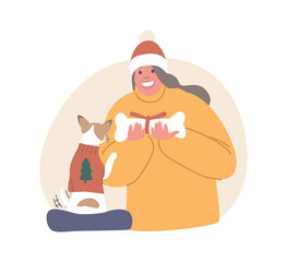 Woman Presents A Festive Christmas Gift Bone To Her Loyal And Beloved Dog, With Love And Anticipation, Vector
