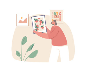 Woman Meticulously Hangs Picture On The Wall, Ensuring Precise Alignment, No Imperfections, Vector Illustration