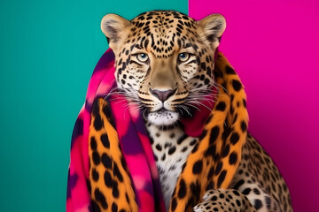 Fototapeta premium Studio portrait of a leopard wearing knitted hat, scarf and mittens. Colorful winter and cold weather concept.