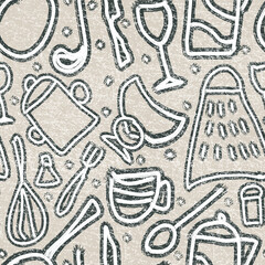 Seamless pattern, doodle of dishes, cup, glass, frying pan, grater, knife, fork, kettle on a beige background. Digital illustration. Suitable for interior, wallpaper, fabrics, clothing, stationery.