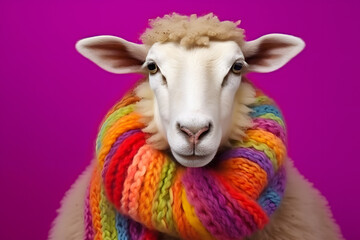 Studio portrait of a sheep wearing knitted hat, scarf and mittens. Colorful winter and cold weather...