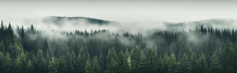 Foto op Aluminium Mountain, forest background with fog around trees, dark green panorama. Walpaper background. gernerative ai, panorama © noeh