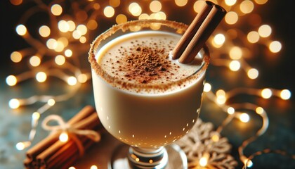 Close-up of a glass of eggnog garnished with cinnamon and nutmeg against a backdrop of twinkling fairy lights. - obrazy, fototapety, plakaty