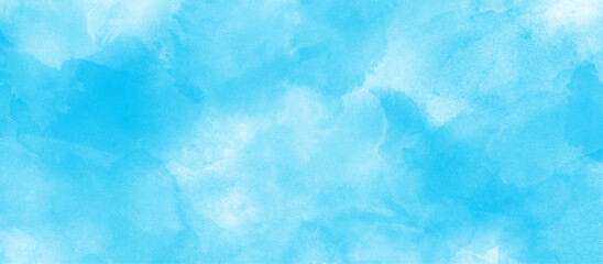 soft and lovely sky blue watercolor background with clouds, Sky clouds with brush painted blue watercolor texture, small and large clouds alternating and moving slowly on cloudy winter morning sky. - obrazy, fototapety, plakaty