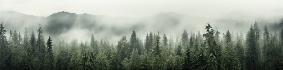 Forest background with fog around trees, dark green panorama. Walpaper background. gernerative ai