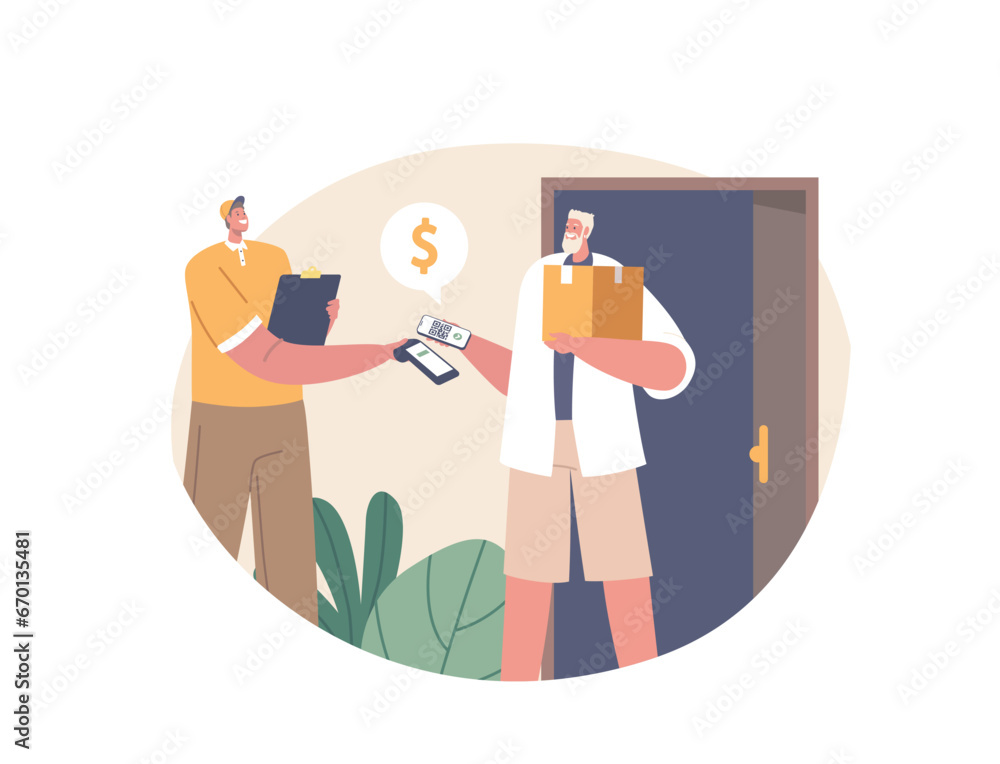 Poster male character uses cashless payment. man swiftly paid the courier using a qr code, simplifying the 