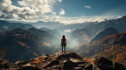 freedom carefree roam alone traveller staning on the hill mountain top with stunning mountain scenery view background successful in life woman explore mountain view background