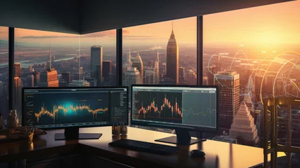 Foto op Canvas multiple screen graphic markets finance, stock and business on city view background, office station ina tower city, night blue palette lights © aledesun