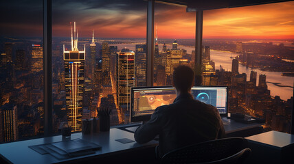 a beautiful skyline view at night from retro futuristic,  home office working location, man observing graphics market,economy ,business