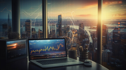 multiple screen graphic markets finance, stock and business on city view background, office station ina tower city, night blue palette lights