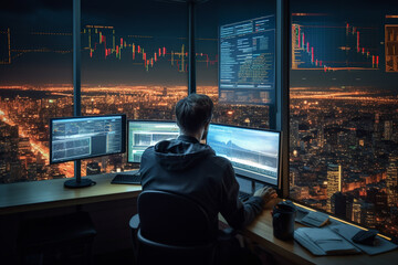 a beautiful skyline view at night from retro futuristic home office with computer screen,  working...