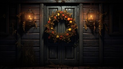 A hauntingly beautiful Midnight Marigold wreath hanging on the door of a forgotten, moonlit...