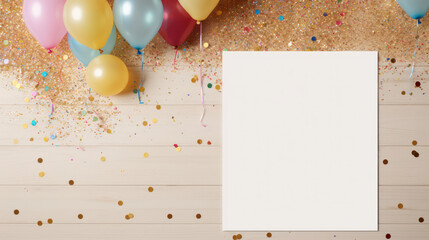 White Blank Birthday Card Mockup with Festive Accents On Wooden Backdrop, Confetti And Balloons. Birthday Greetings Mock Up Template. Generative AI - obrazy, fototapety, plakaty