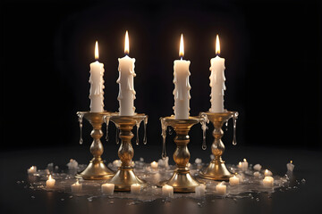 Vintage brass candelabra of four burning candles with dripping wax on a black background. photo created using Leonardo AI platform.