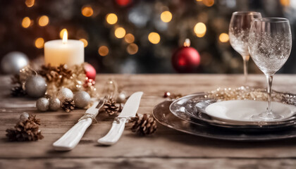 Tavola natalizia imbandita con decorazioni su legno