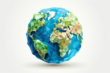 Geometric low poly globe on a white background with stars, representing modern global connectivity.