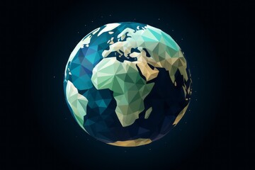 Fototapeta na wymiar Geometric low poly globe on a dark blue background with stars, representing modern global connectivity.
