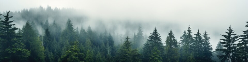 Forest background with fog around trees, dark green panorama. Walpaper background. Panorama, gernerative ai