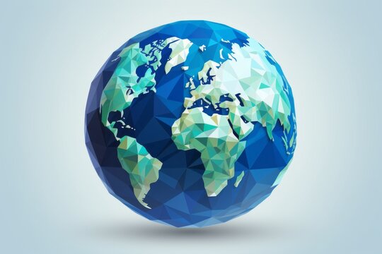 Geometric low poly globe on a blue background with stars, representing modern global connectivity.