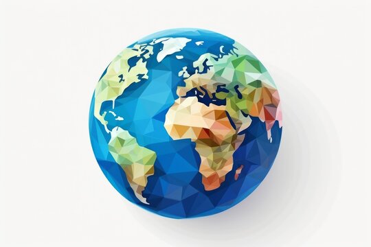 Geometric Low Poly Globe On A White Background With Stars, Representing Modern Global Connectivity.