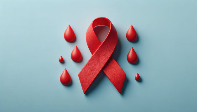 World AIDS Day banner with copy space. HIV awareness month starts in December. Red ribbon and blood drops on blue background	