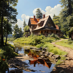Fototapeta premium Serene Solitude: A Picturesque Cottage in the Woods,old house in the forest