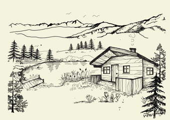 Fototapeta na wymiar Mountain shelter in the Tatra Mountains by the lake. Artistic vector sketch