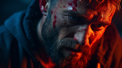 portrait of a man with beard, blood and wound  on his face, emotional, mad and desperate - obrazy, fototapety, plakaty