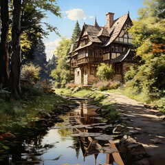 Fototapeta na wymiar Serene Solitude: A Picturesque Cottage in the Woods,old house in the forest