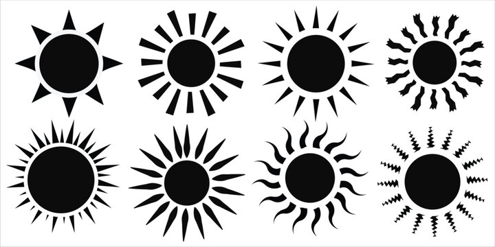 Sun icon element vector collection. Hand drawn black brush strokes, circles and rays. Loose black shapes isolated on white background. Sunlight painted with brush. sun set icon vector illustration,