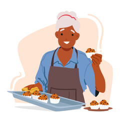 Senior Woman Holds A Tray Of Freshly Baked Muffins, Their Delicious Aroma Filling The Room Cartoon Vector Illustration