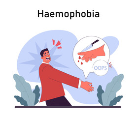 Hemophobia. Human's irrational inner fears and panic. Mental disorder, feeling of threat and danger. Psychology and mental therapy. Flat vector illustration