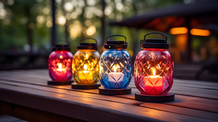Colourful lanterns in wooden table top, a cabin in woods