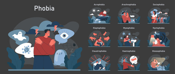 Phobia dark or night mode set. Human's irrational inner fears and panic. Mental disorder, feeling of threat and danger. Psychology and mental therapy. Flat vector illustration