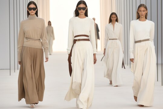 Models walk the runway in light black and beige clothing with a normcore style. The clothes feature textured pigment planes and are inspired by the 1970s.