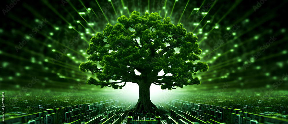 Aufkleber big green tree stands tall in a digital world with shining lights and circuit patterns