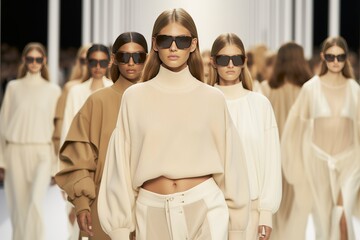 Models walk the runway in light black and beige clothing with a normcore style. The clothes feature textured pigment planes and are inspired by the 1970s. - obrazy, fototapety, plakaty